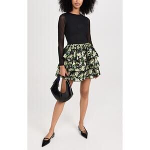 Alice + Olivia 'Chara' Black Floral Print Poplin Tiered Long Sleeve Mini Dress